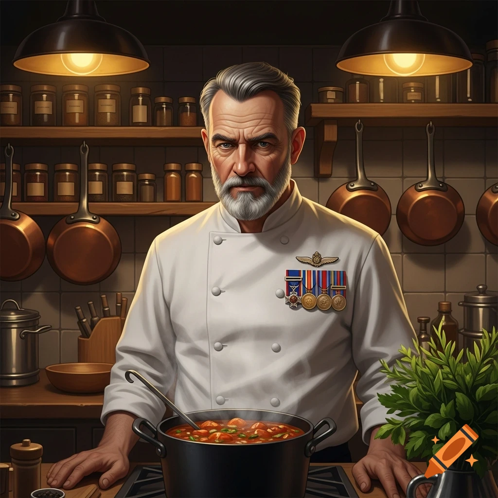 A stern, grey-haired man with a beard in a chef's uniform and military medals cooks in a well-lit kitchen.