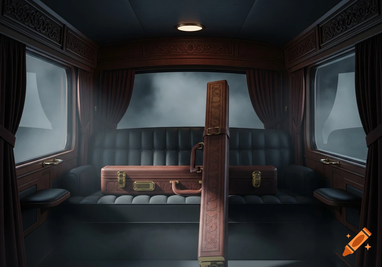 A luxurious train car interior with dark wood paneling, tufted leather seats, and two ornate brown leather cases on the seat and floor. The windows show a foggy sky.