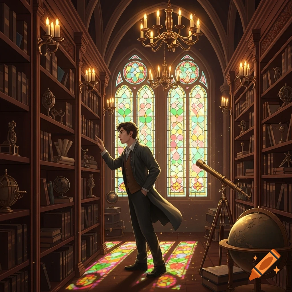 A man in a trench coat stands in an ornate, candlelit library, looking at books on tall shelves. Stained glass windows and a telescope are visible.