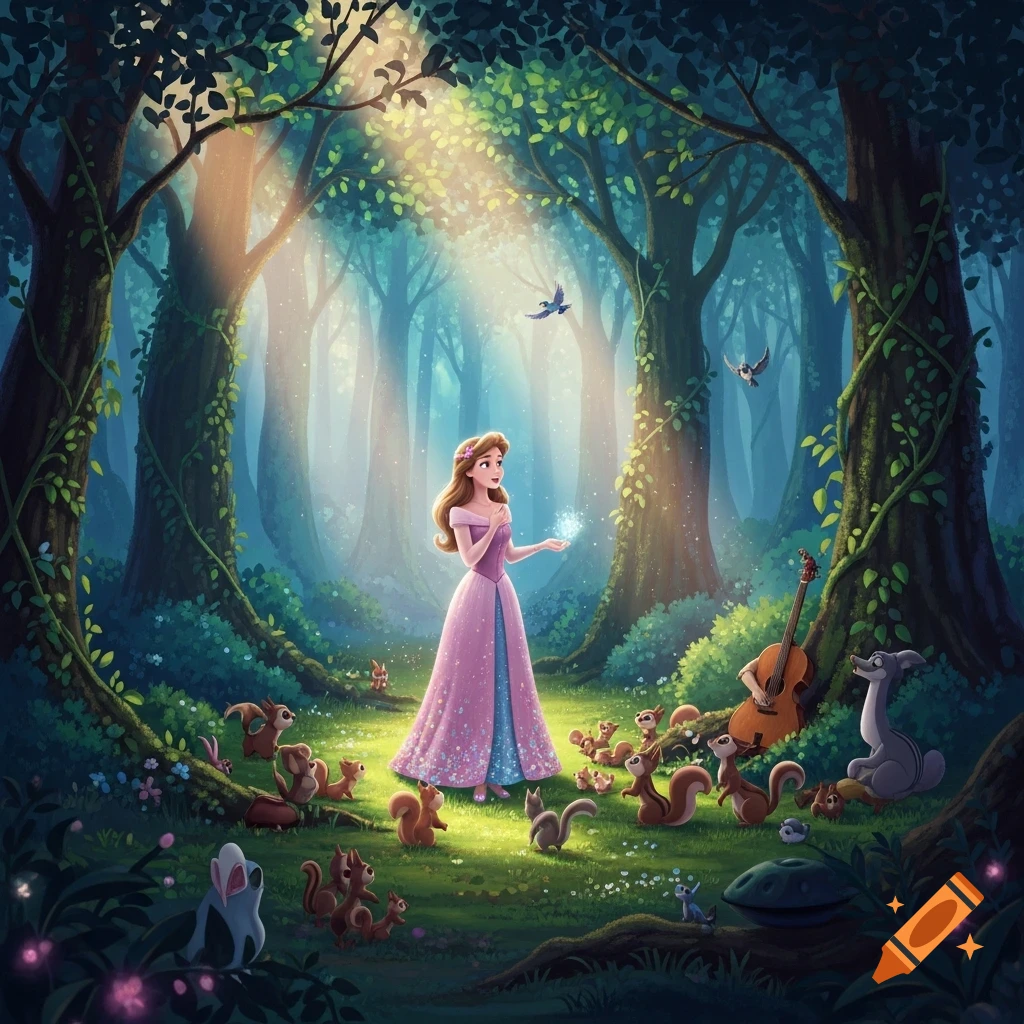A Disney-style princess in a magical forest, surrounded by cute animals, holding a glowing light. Sunlight streams through the trees.