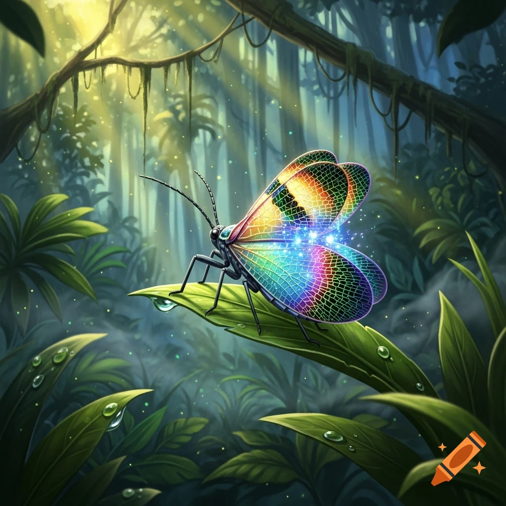 A vibrant illustration of a black insect with glowing, rainbow-colored wings on a green leaf in a lush, sun-dappled rainforest.