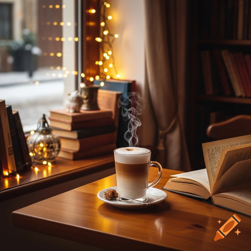 A steaming glass of latte macchiato with a cookie next to an open book on a wooden table in a cozy book cafe with string lights by a window.