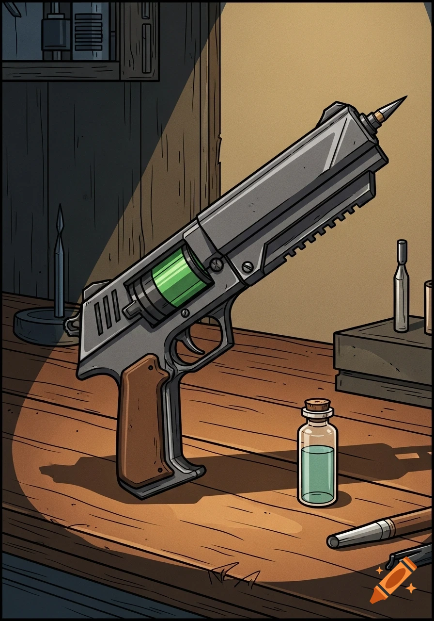 A stylized poison dart gun with a glowing green chamber rests diagonally on a wooden workbench next to a small vial, in a graphic novel style.