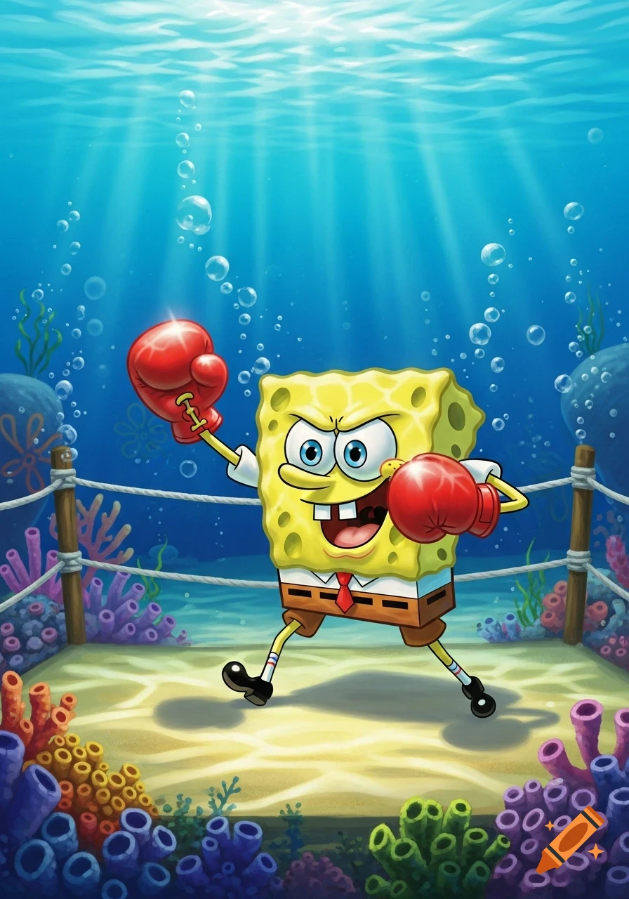 Spongebob Squarepants in a boxing ring underwater, wearing red boxing gloves and ready to fight, cartoon style.