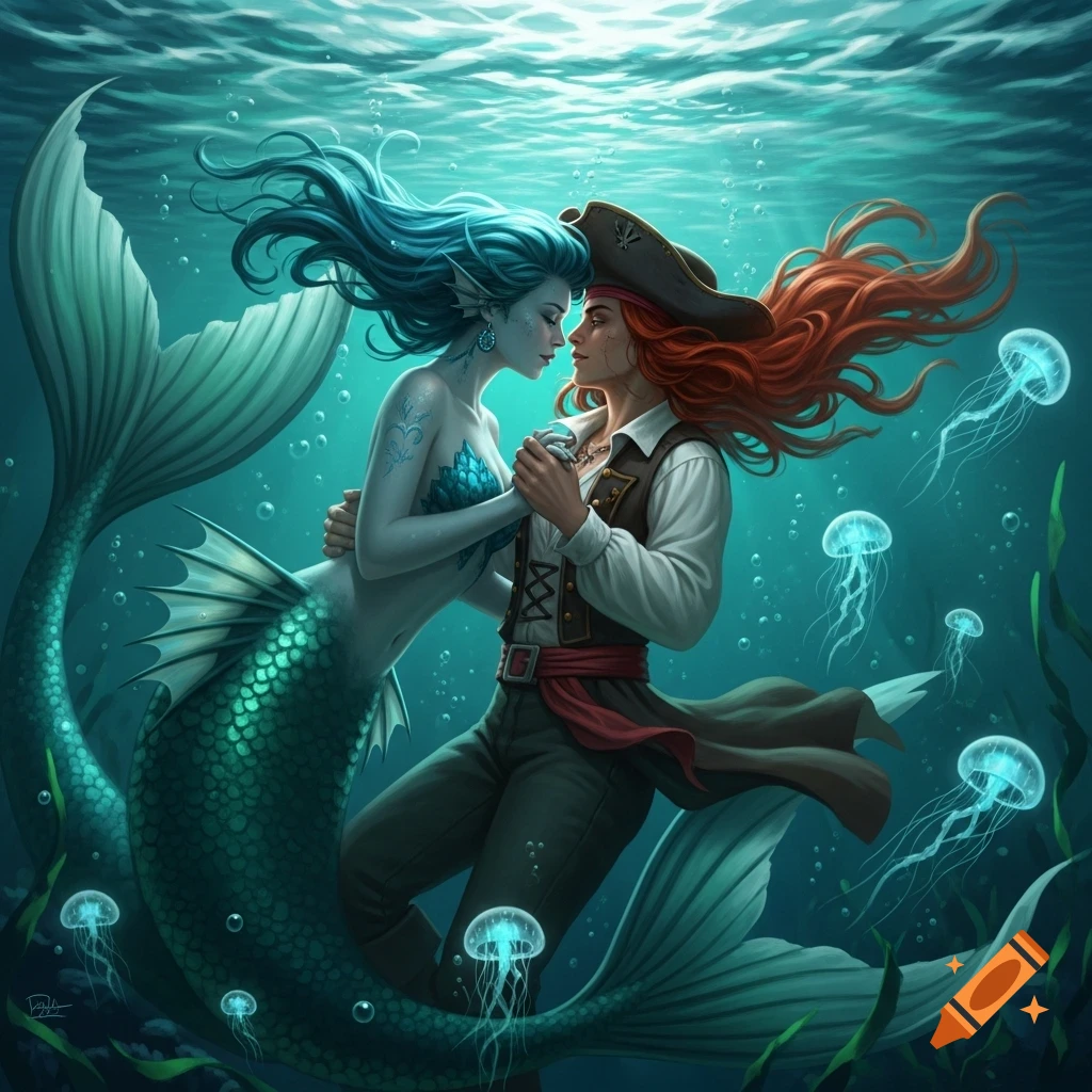 A blue-haired mermaid embraces a red-haired female pirate underwater amidst glowing jellyfish in a detailed illustration.