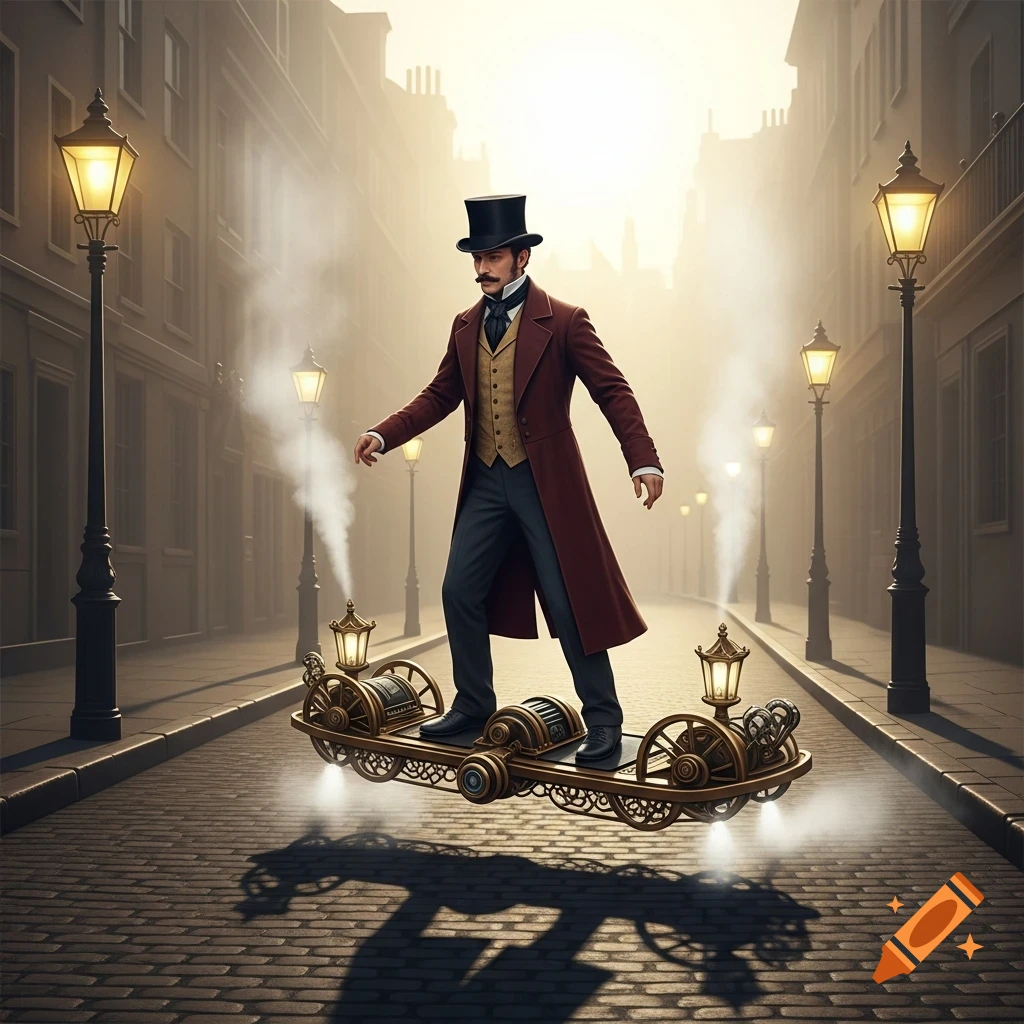 A man in Victorian clothing rides a steampunk hoverboard down a foggy cobblestone street lined with gas lamps.