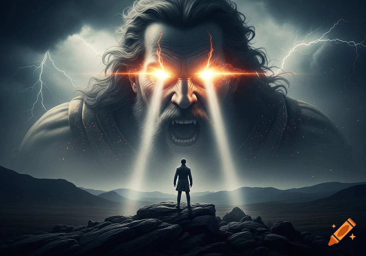 A colossal, enraged god with glowing eyes screams down at a small man standing on rocks in a stormy, desolate landscape with lightning.