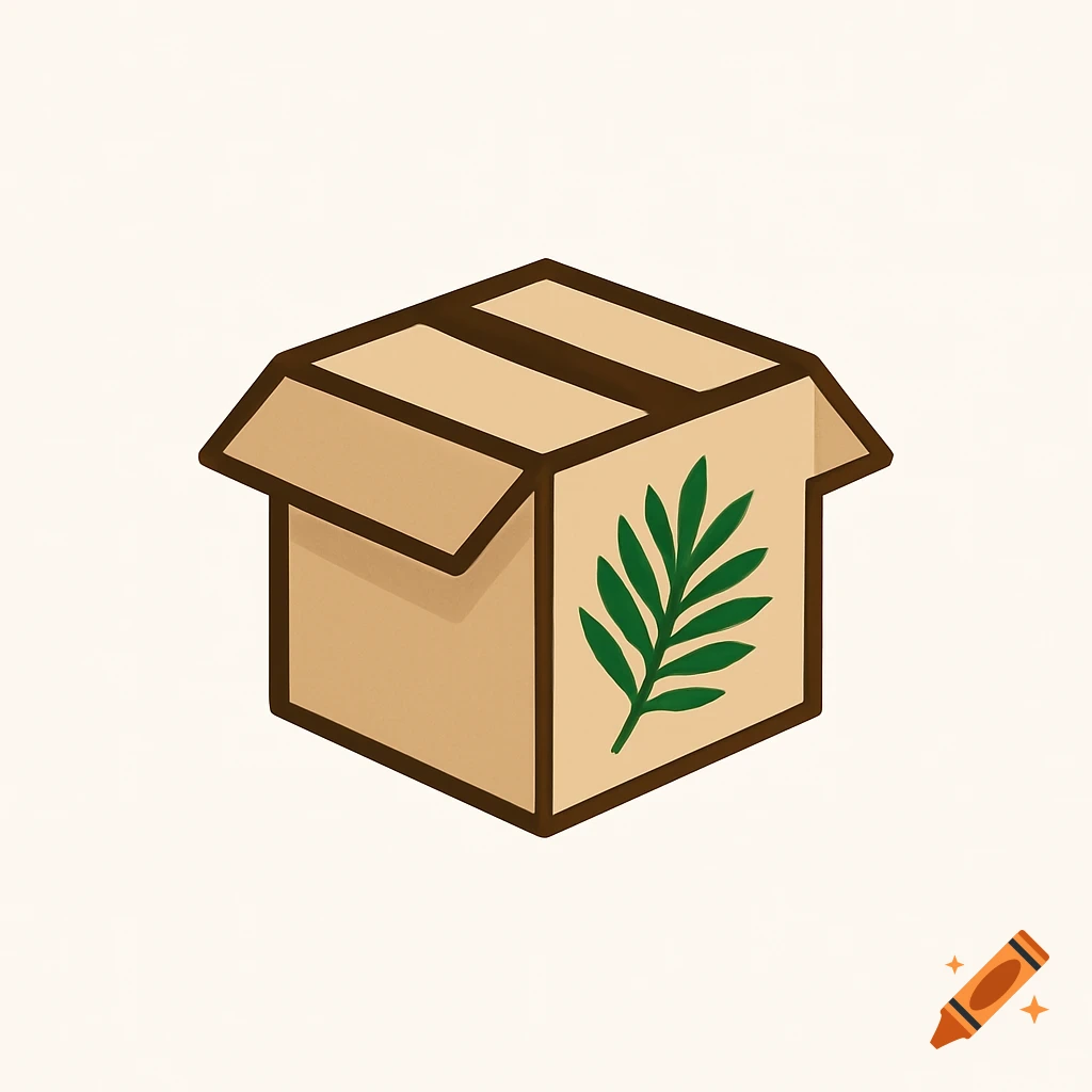 A stylized brown cardboard box with open flaps, featuring a simple green palm leaf design on its side, against a light background.