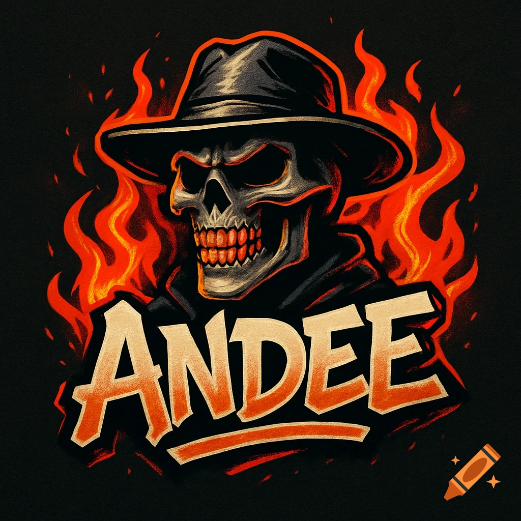 A stylized graphic logo features a bandit skeleton in a fedora surrounded by orange flames, with the name "ANDEE" below.