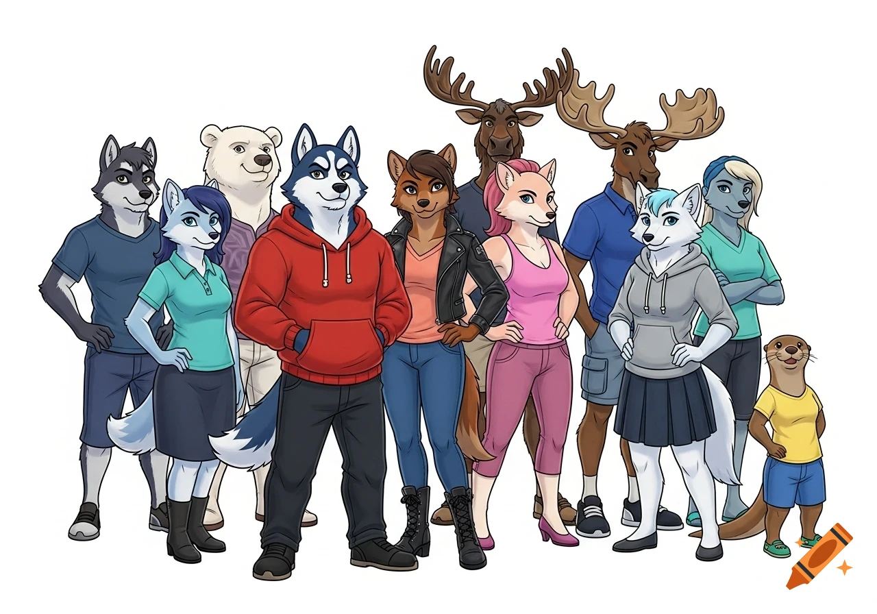 A group of diverse anthropomorphic cartoon animal characters, including huskies, a polar bear, a wolf, moose, an arctic fox, and an otter, in casual clothing.