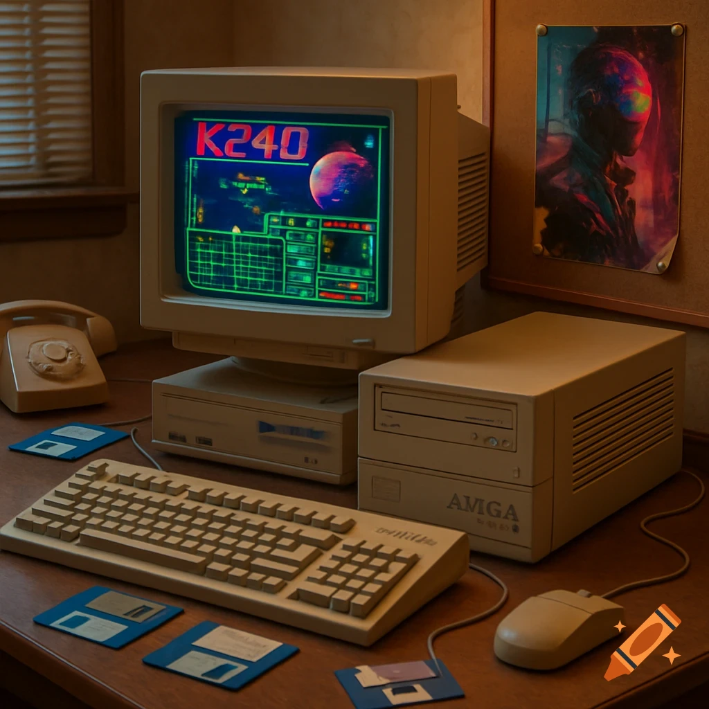 A 90s retro computer setup featuring an Amiga desktop, CRT monitor displaying 'K240', keyboard, mouse, and floppy disks on a wooden desk.