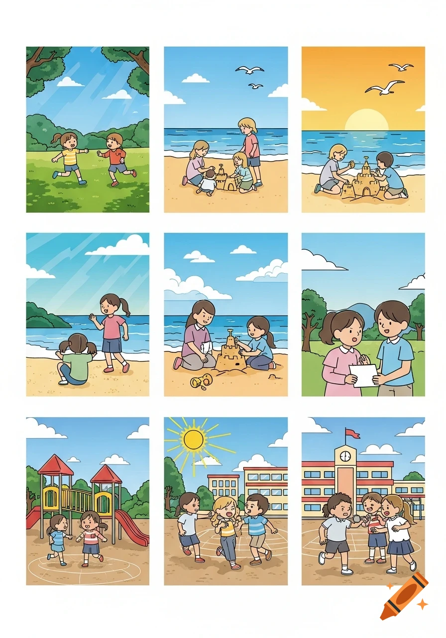 Nine cartoon panels show children playing at a park, building sandcastles at the beach, and interacting at a schoolyard.