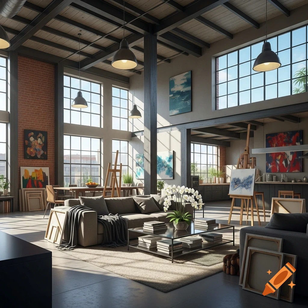 A spacious, modern loft apartment with high ceilings, large windows, exposed beams, a gray sofa, and multiple abstract paintings and art easels.
