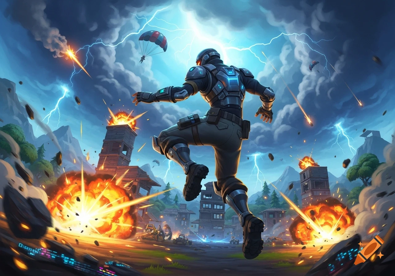 A stylized action scene with a futuristic soldier jumping amidst lightning, explosions, and a parachuter, reminiscent of a video game.