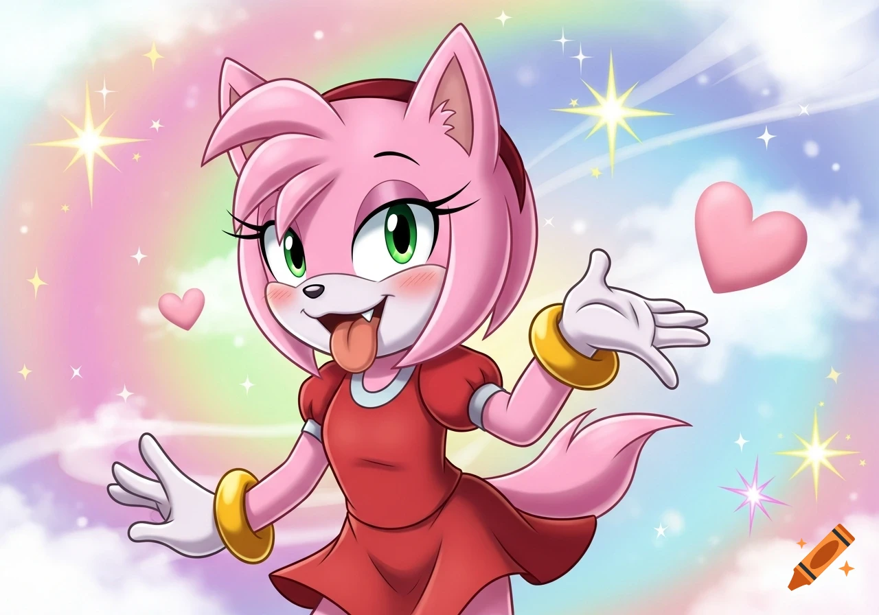 Amy Rose, a pink anthropomorphic hedgehog in a red dress, playfully sticks out her tongue against a pastel rainbow and cloud background with stars and hearts.