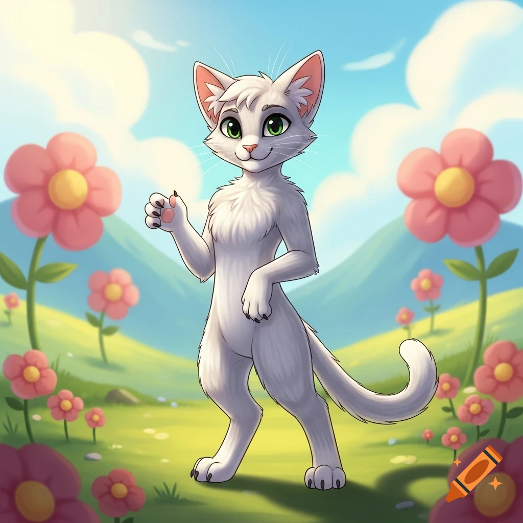 A friendly, white anthropomorphic cat with green eyes stands in a vibrant cartoon meadow filled with pink and yellow flowers.