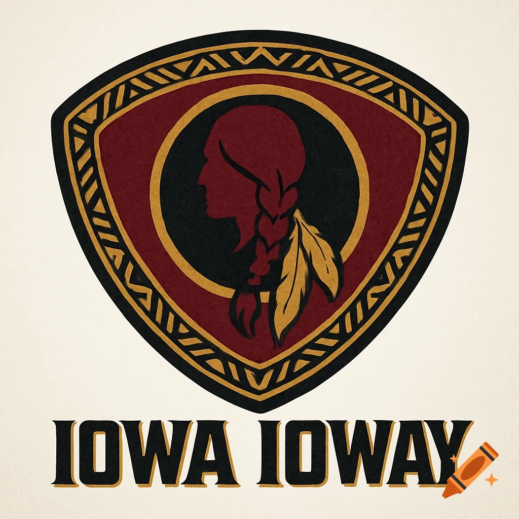 A shield-shaped logo in red, black, and gold, featuring a profile of a person with braided hair and feathers, tribal patterns, and text 'IOWA IOWAY'.