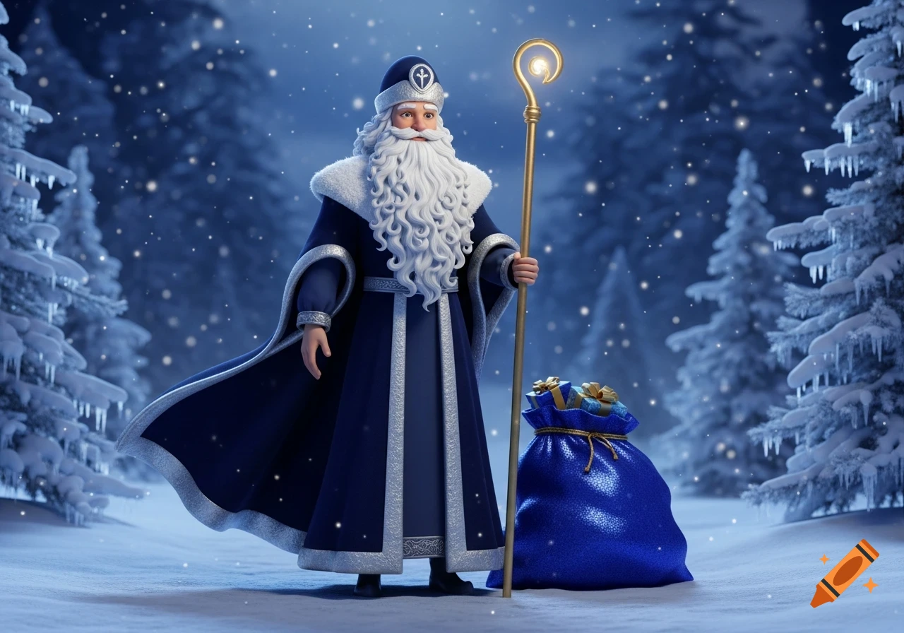A 3D animated Saint Nicholas in a blue coat, holding a glowing staff, stands in a snowy forest next to a bag of gifts.