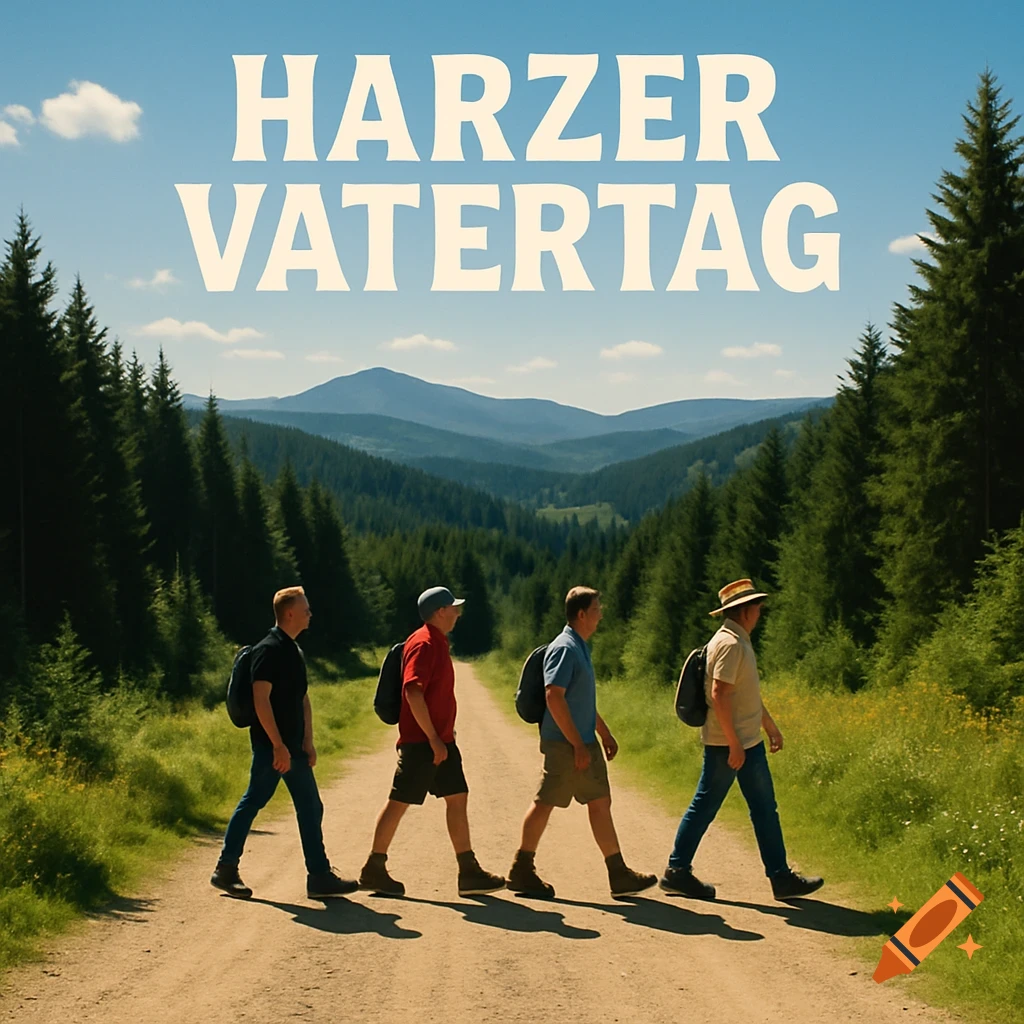Four men hike on a dirt road through a sunny mountain forest, resembling an album cover titled "HARZER VATERTAG".