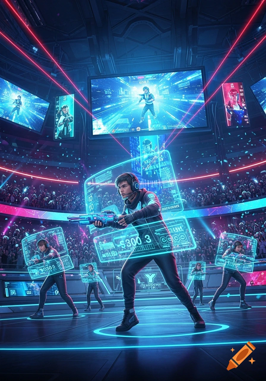 A male gamer in a futuristic esports arena, holding a rifle with glowing holographic interfaces and large screens displaying gameplay.