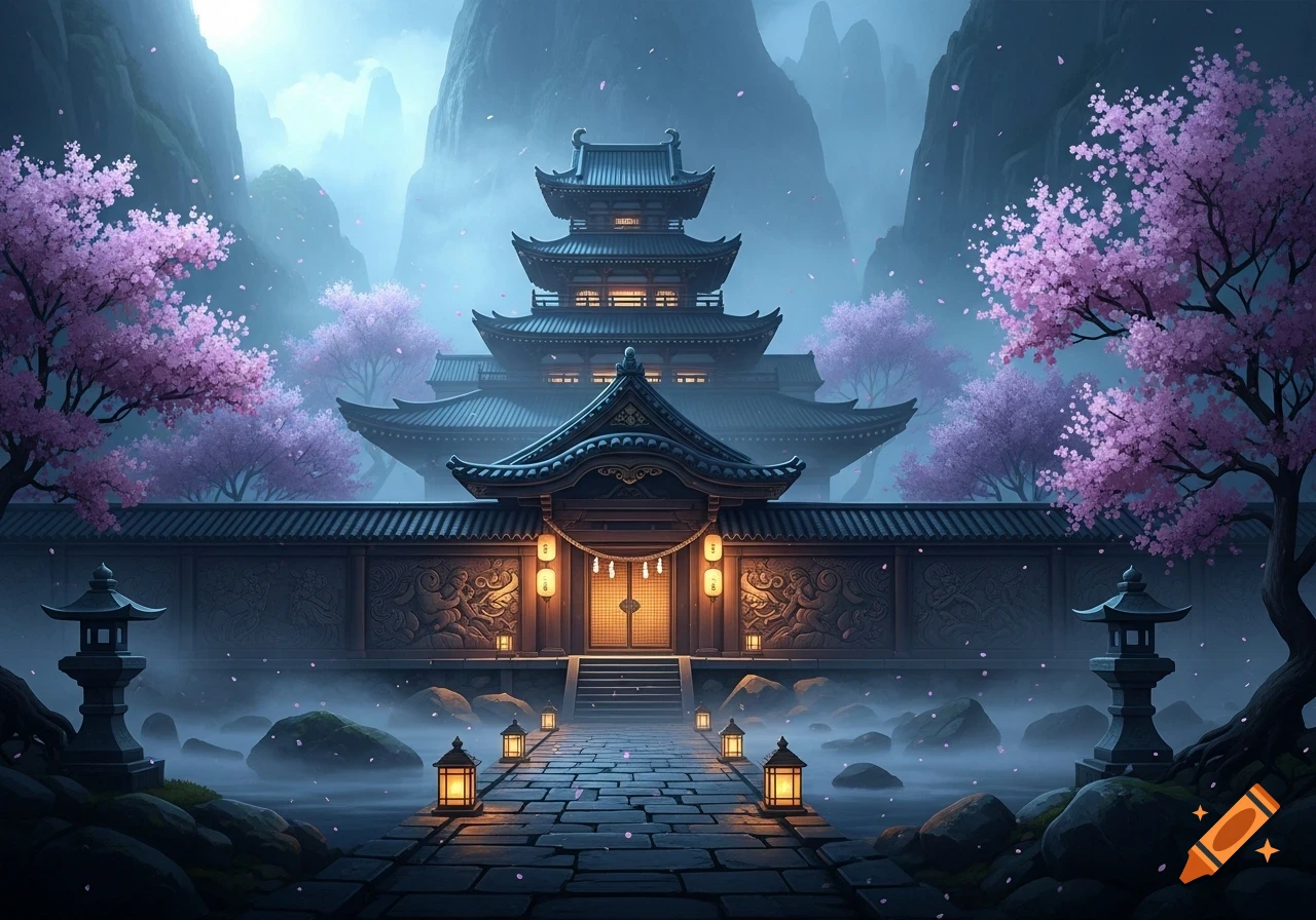 A mystical Japanese temple surrounded by pink cherry blossom trees, mountains, and fog at dusk. Stone lanterns illuminate a path to the entrance.