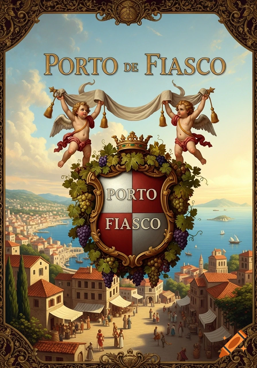 A Renaissance-style poster depicting a bustling coastal town with a large crest featuring 'Porto Fiasco' and two cherubs holding a banner.