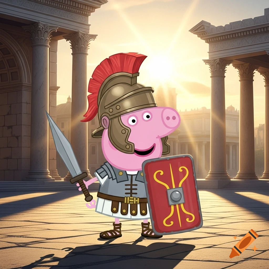Cartoon Peppa Pig as a Roman soldier, holding a sword and shield, stands before Roman ruins at sunset.