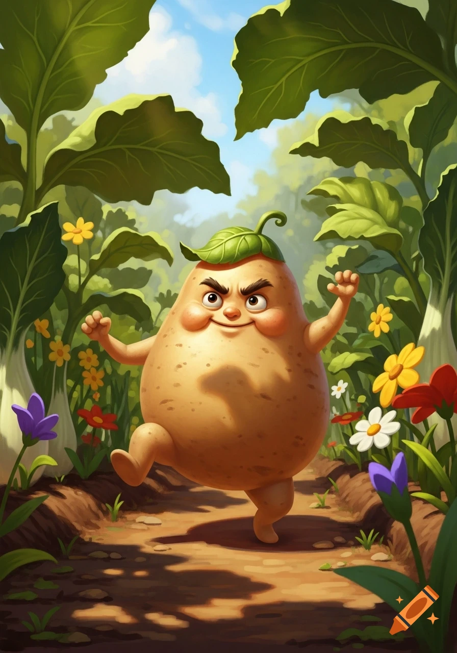 A happy, expressive cartoon potato character with a leaf hat runs on a dirt path through a vibrant garden with large green leaves and colorful flowers.