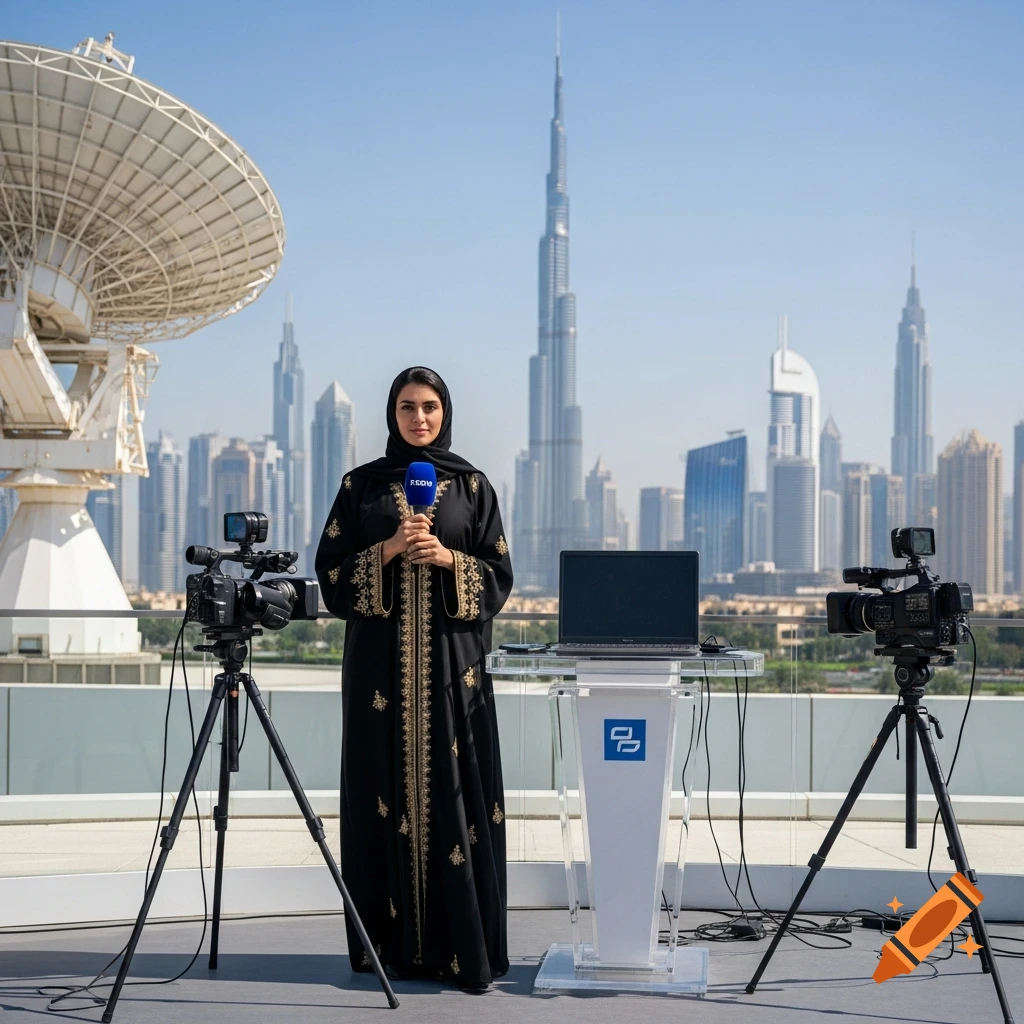 A journalist in a black abaya holds a microphone on a rooftop, with the Dubai skyline and Burj Khalifa in the background.