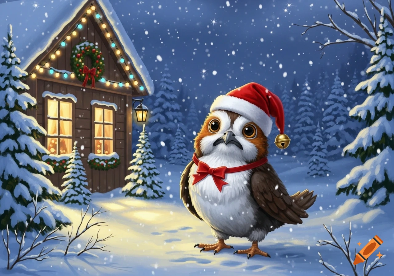 A cute Porg wearing a Santa hat and a red bow tie stands in a snowy winter forest next to a decorated cabin, in an illustration style.