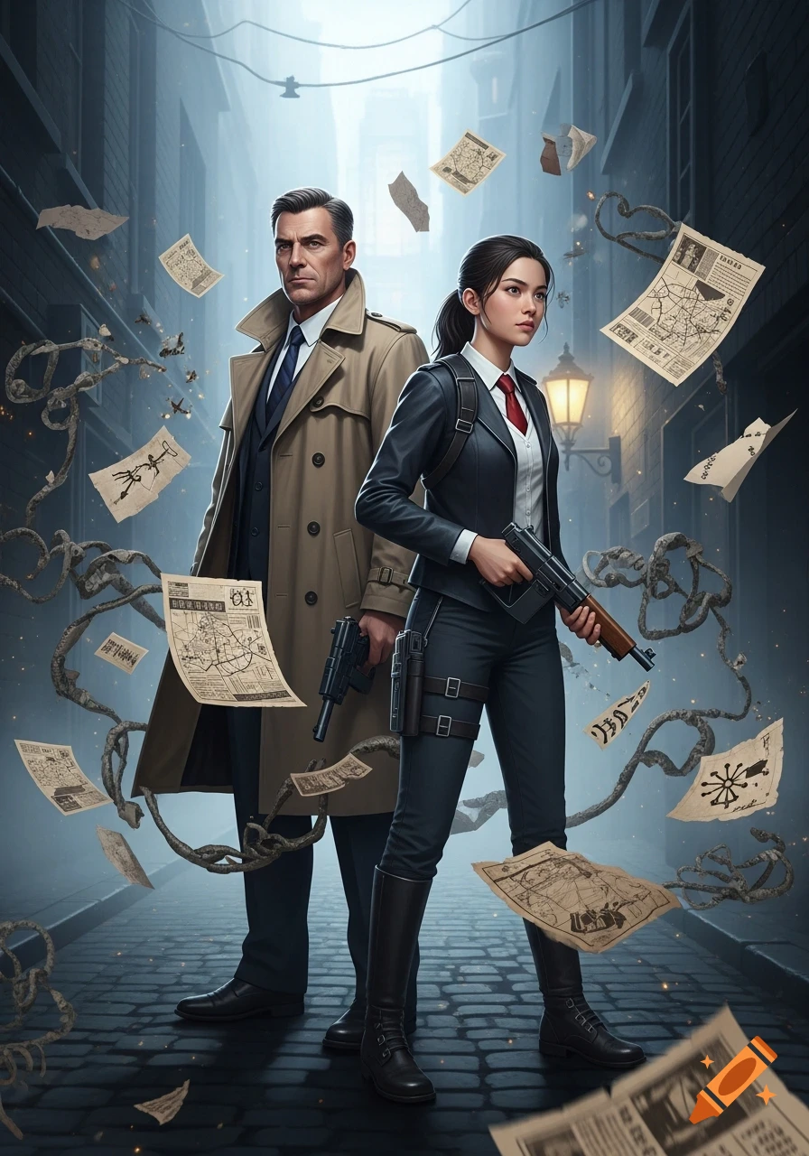 A serious male and female agent stand in a dark alley, surrounded by floating papers with maps and garbled text, holding firearms.