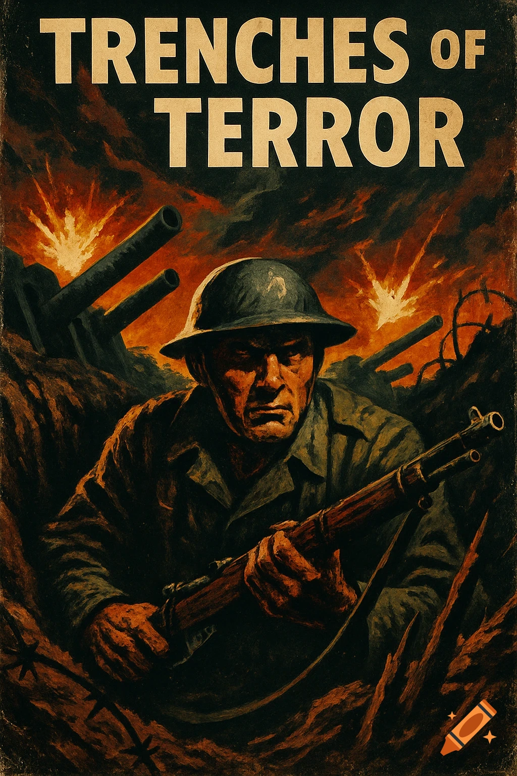 A vintage style propaganda poster titled 'Trenches of Terror' depicts a soldier with a rifle in a trench amidst explosions and cannons.
