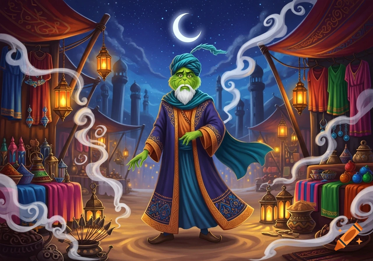 A Grinch-like character with a white beard and a blue turban stands in a vibrant Arabian night market under a crescent moon.