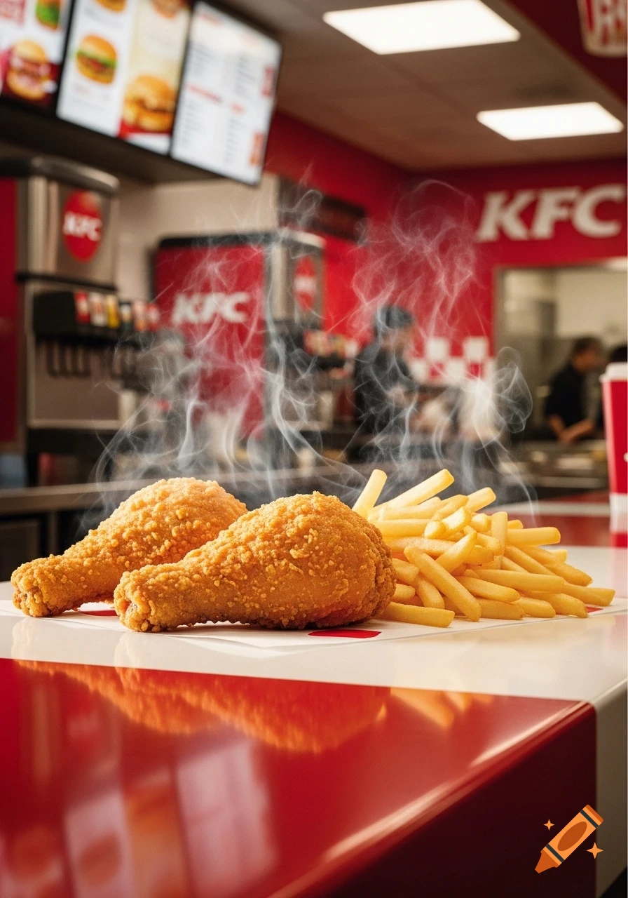 Photorealistic image of two steaming fried chicken drumsticks and a pile of fries on a counter in a KFC restaurant.