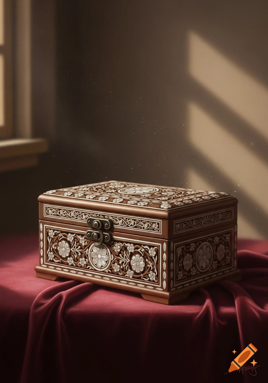 A meticulously carved wooden jewelry box with white floral inlays rests on a draped red velvet cloth, bathed in soft window light.