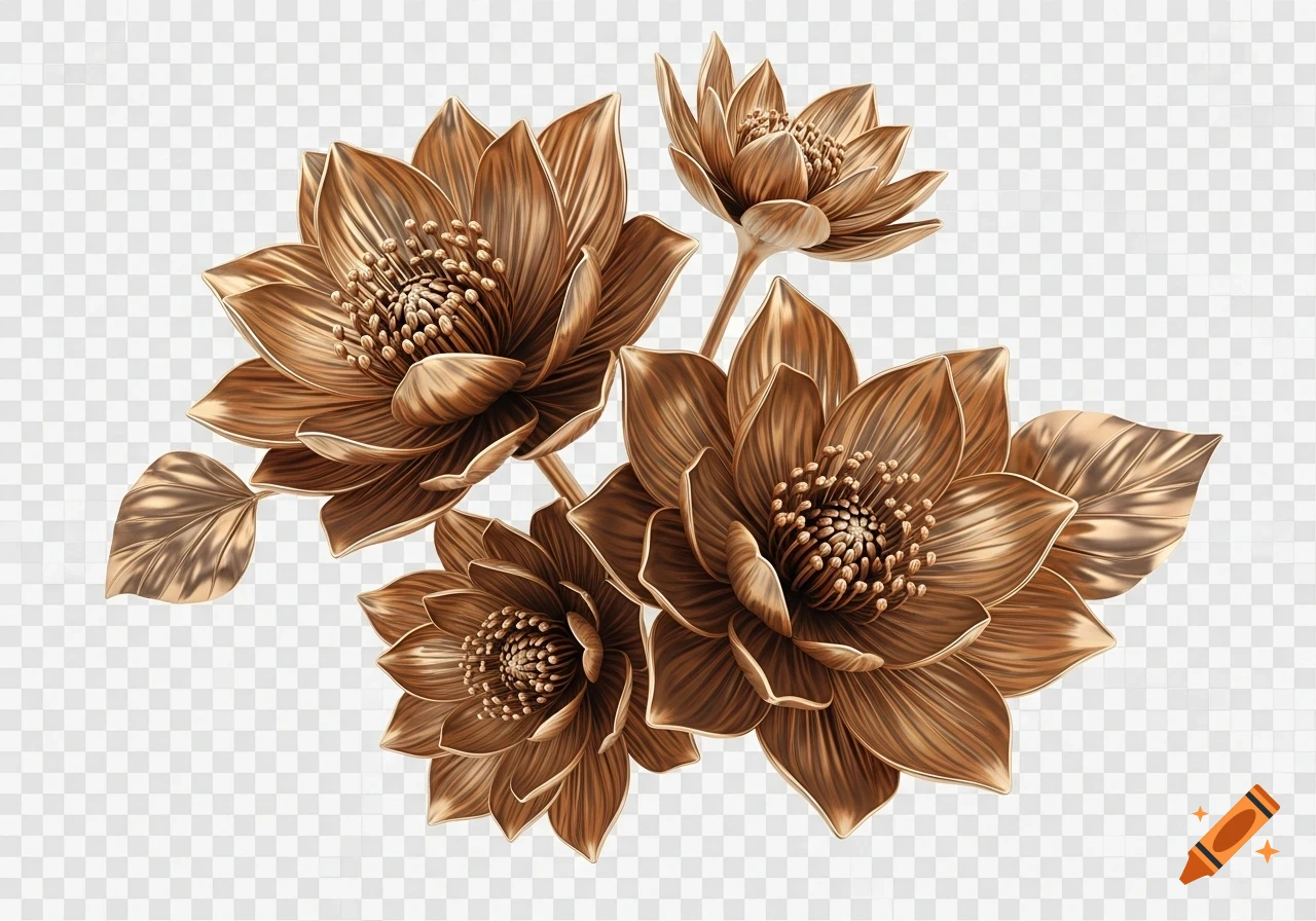 A cluster of decorative bronze metallic flowers with detailed petals and stamens, on a transparent background.