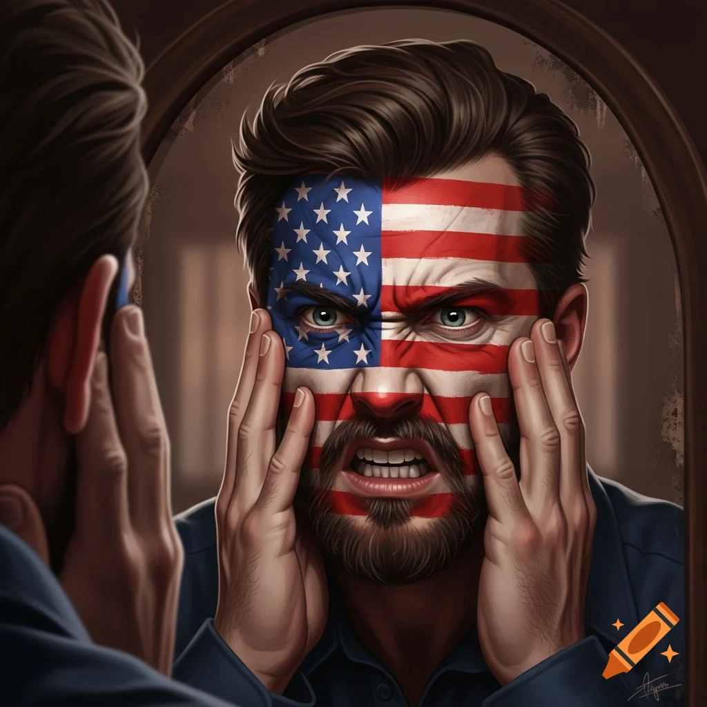 Digital illustration of an angry man with a US flag painted on his face, looking shocked in a mirror.