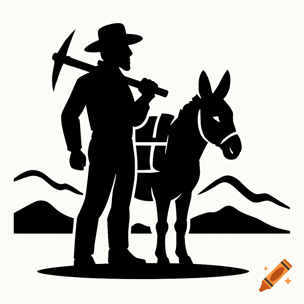 Black silhouette logo of a prospector with a pickaxe and a packed donkey, standing on a hill with distant mountains.