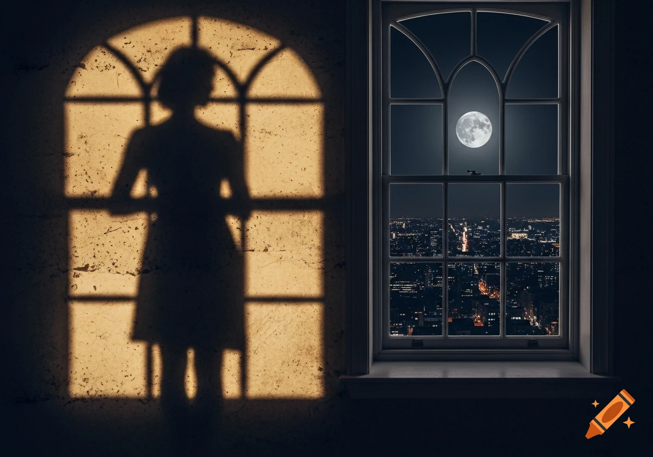 A woman's silhouette cast on a textured wall by an arched window, next to a window overlooking a city at night under a full moon.