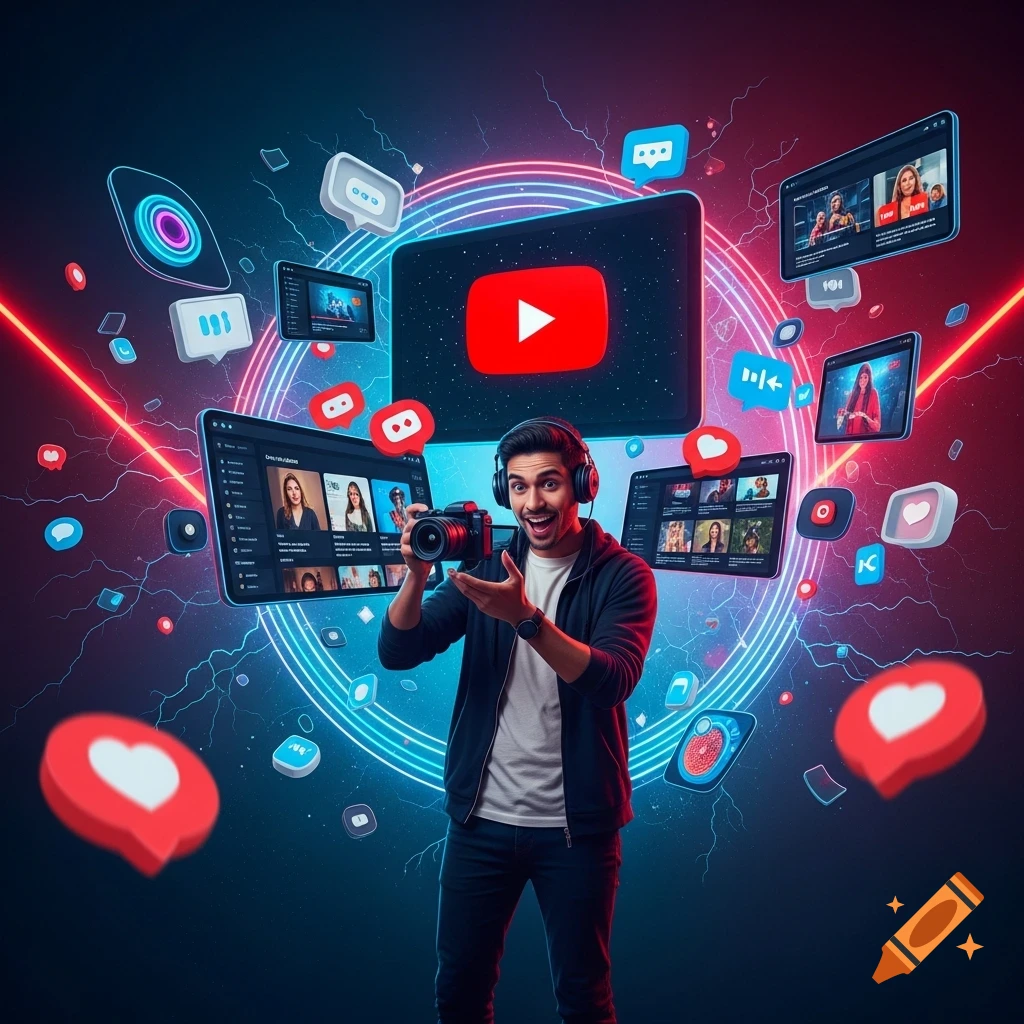 A man with headphones and a camera surrounded by glowing social media icons and YouTube screens, on a dark neon background.