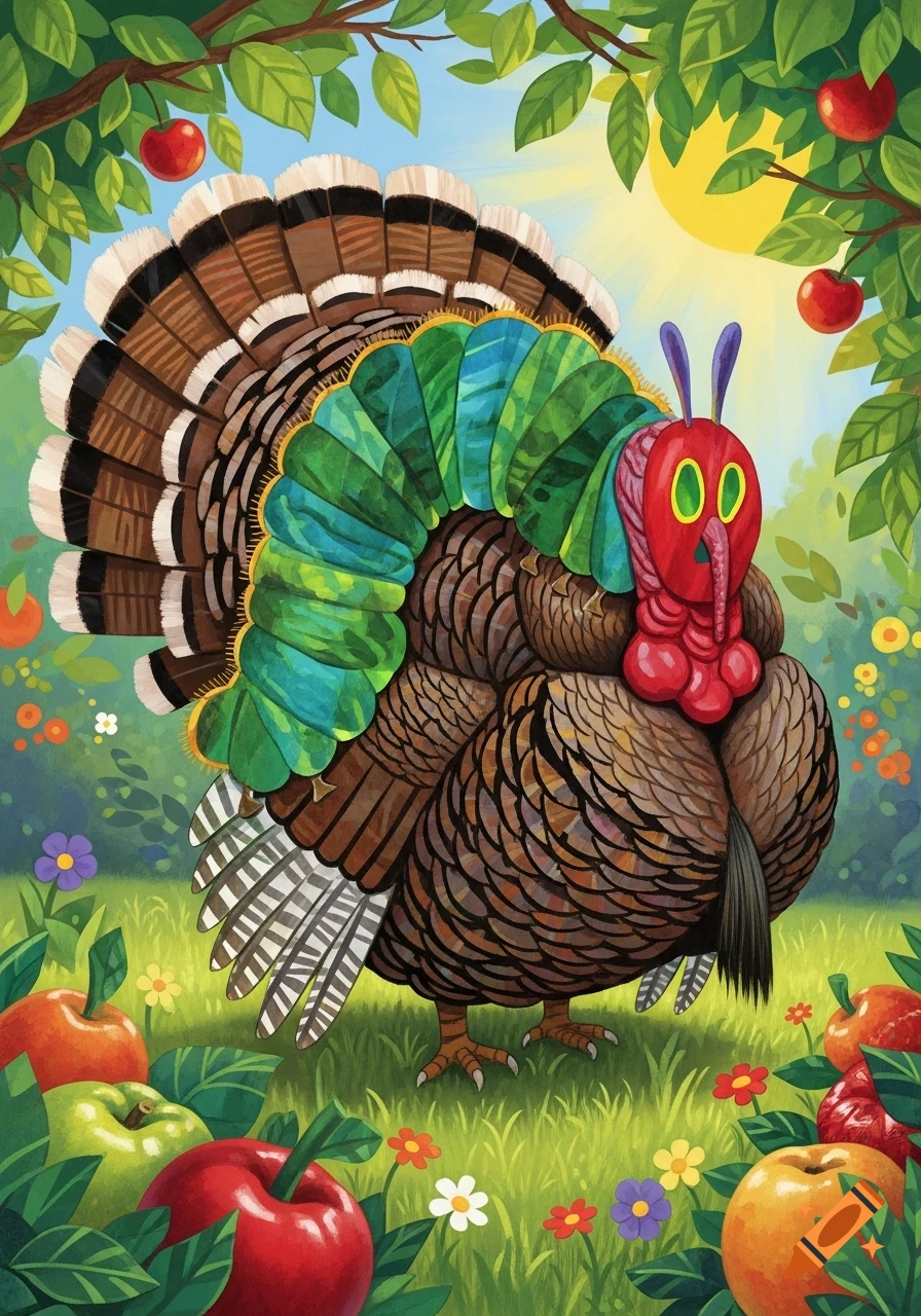 A whimsical illustration of a turkey with a red, green, and purple head resembling the Very Hungry Caterpillar, standing in a sunny, apple-filled garden.