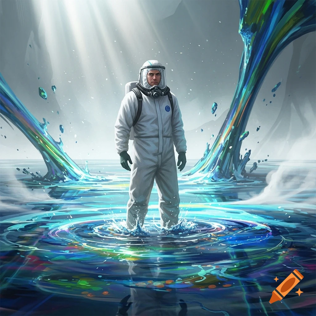 A man in a white hazmat suit stands in a vibrant, multi-colored body of water, surrounded by swirling liquid and beams of light.