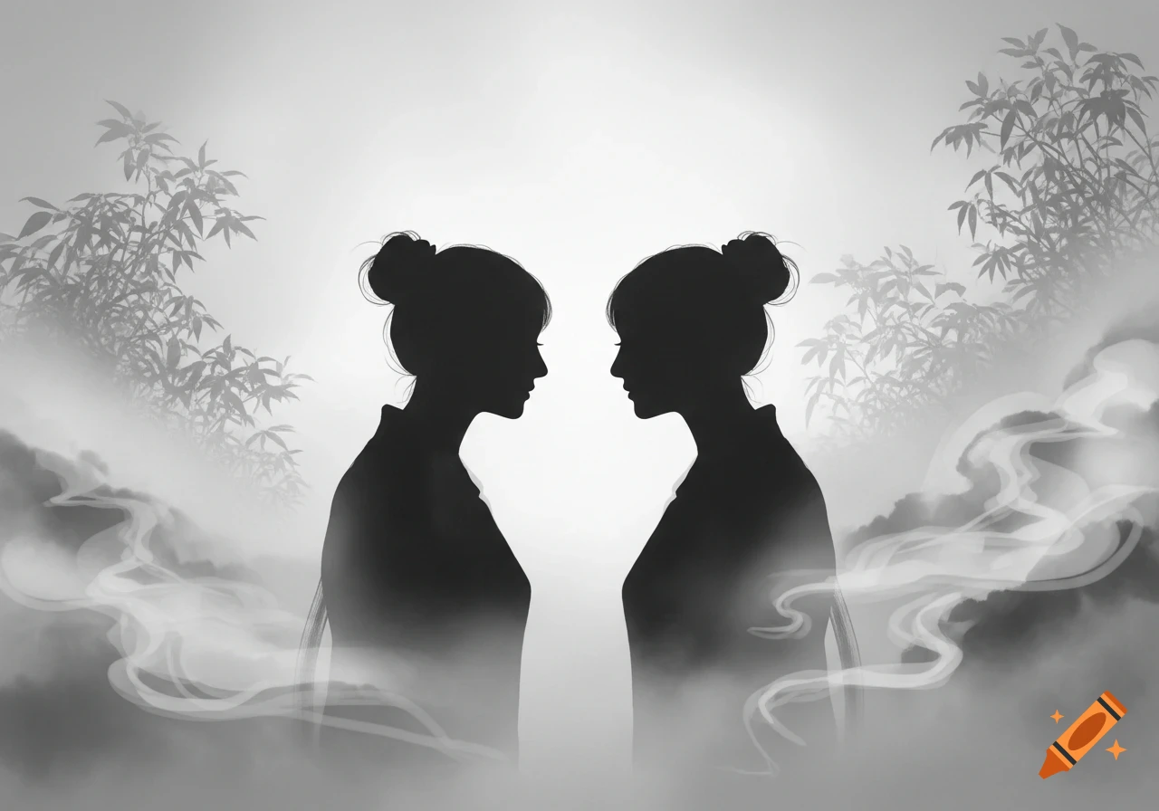 Two black silhouettes of women with hair buns face each other amid misty clouds and bamboo in a greyscale Chinese ink style.