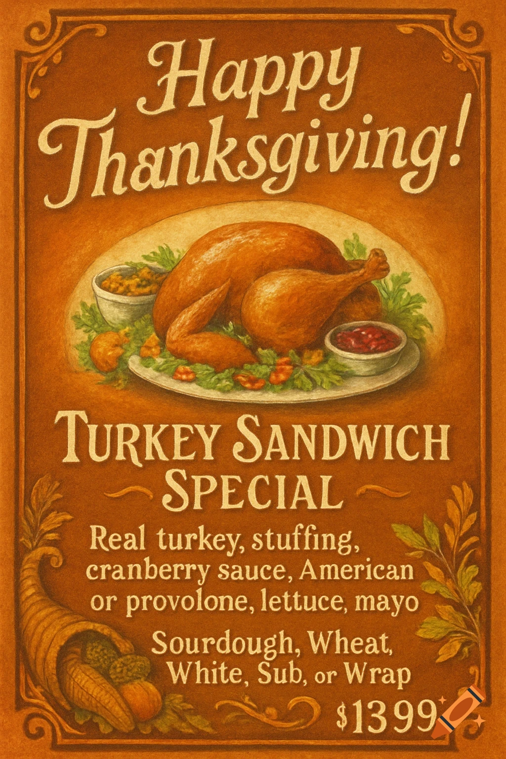 An autumnal cafe sign in warm amber hues reads "Happy Thanksgiving!" above a watercolor roasted turkey. Text below lists a "Turkey Sandwich Special" for $13.99.