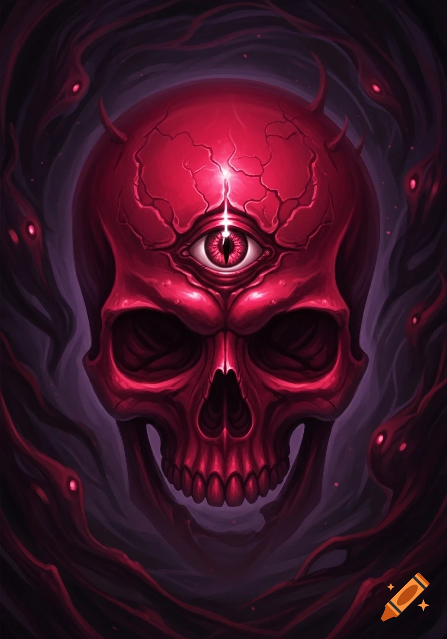 A stylized red skull with a glowing third eye on its forehead and small horns, surrounded by dark, shadowy tendrils and glowing red eyes.