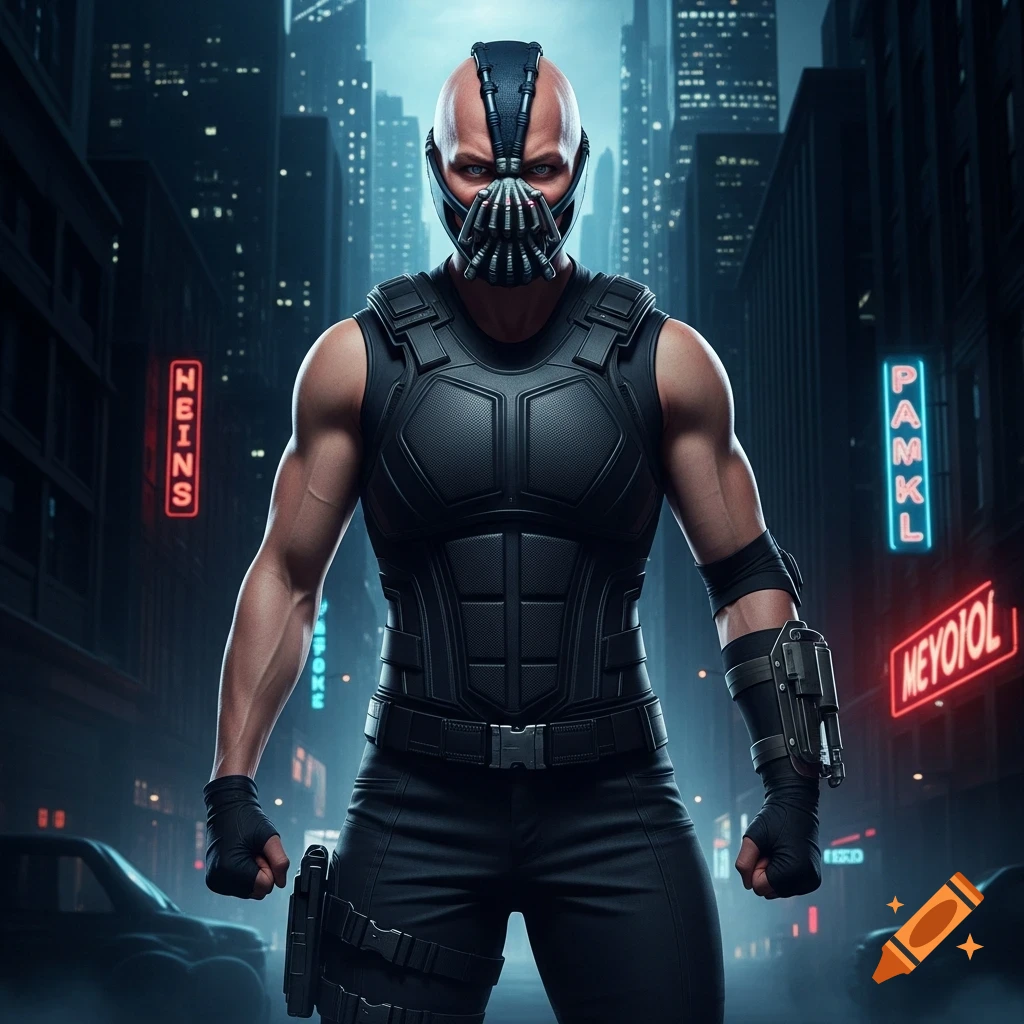 Muscular man resembling Bane in tactical gear and mask stands in a dark city street with neon lights at night.