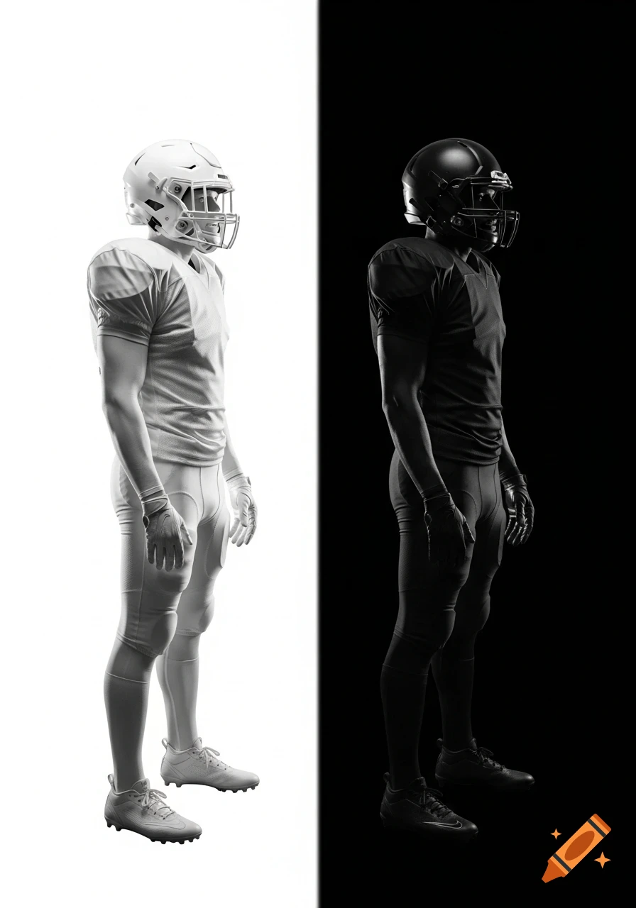 Two realistic American football players in profile, one in a white uniform on a white background and one in a black uniform on a black background.