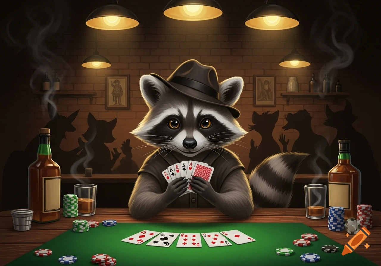 A cartoon raccoon in a fedora plays poker at a dimly lit bar, holding cards with an 'X' card, surrounded by bottles, chips, and shadowed animal figures.