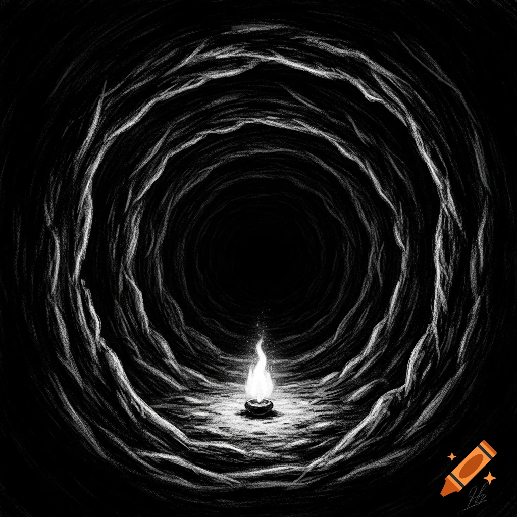 A symbolic black and white illustration of a small, isolated flame on the ground within a dark, layered tunnel or cave.