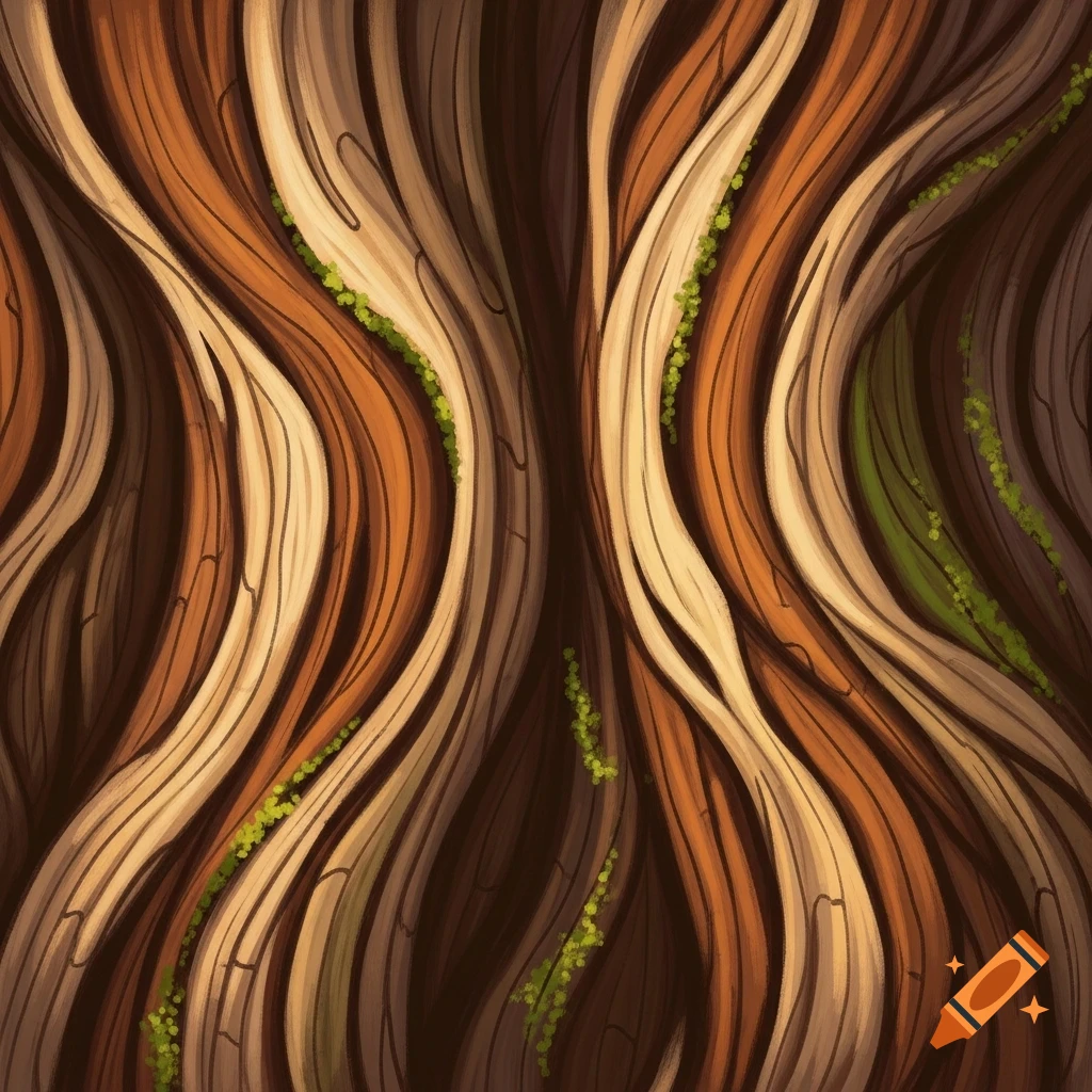 A stylized, handpainted texture of tree bark featuring wavy brown, tan, and dark wood patterns with patches of green moss.